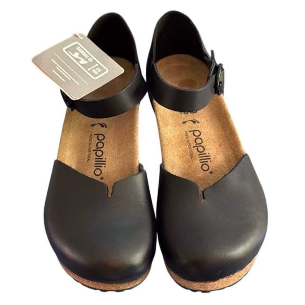 New BIRKENSTOCK PAPILLIO MARY RING BUCKLE BLACK LEATHER WEDGE PUMP Size 40 / 9